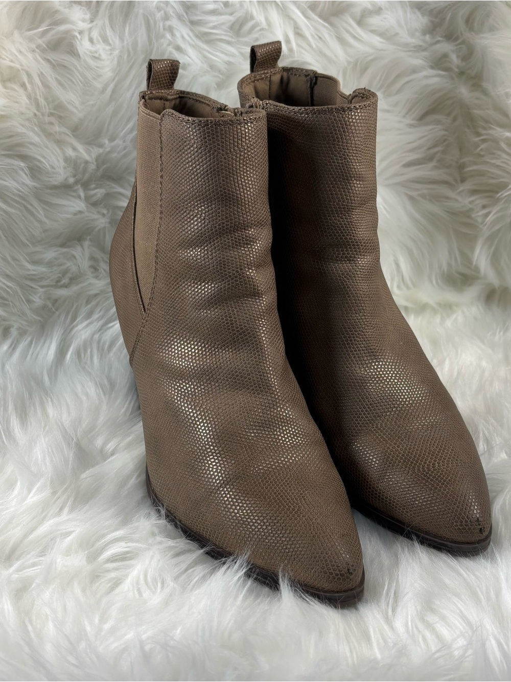 BareTraps Brown Textured Pointed-Toe Ankle Wedge Boots
